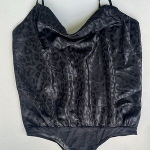 NWT! ee:some Black Bodysuit Cowl Neck Cami  Blouse Sz M Shiny Leopard Panther